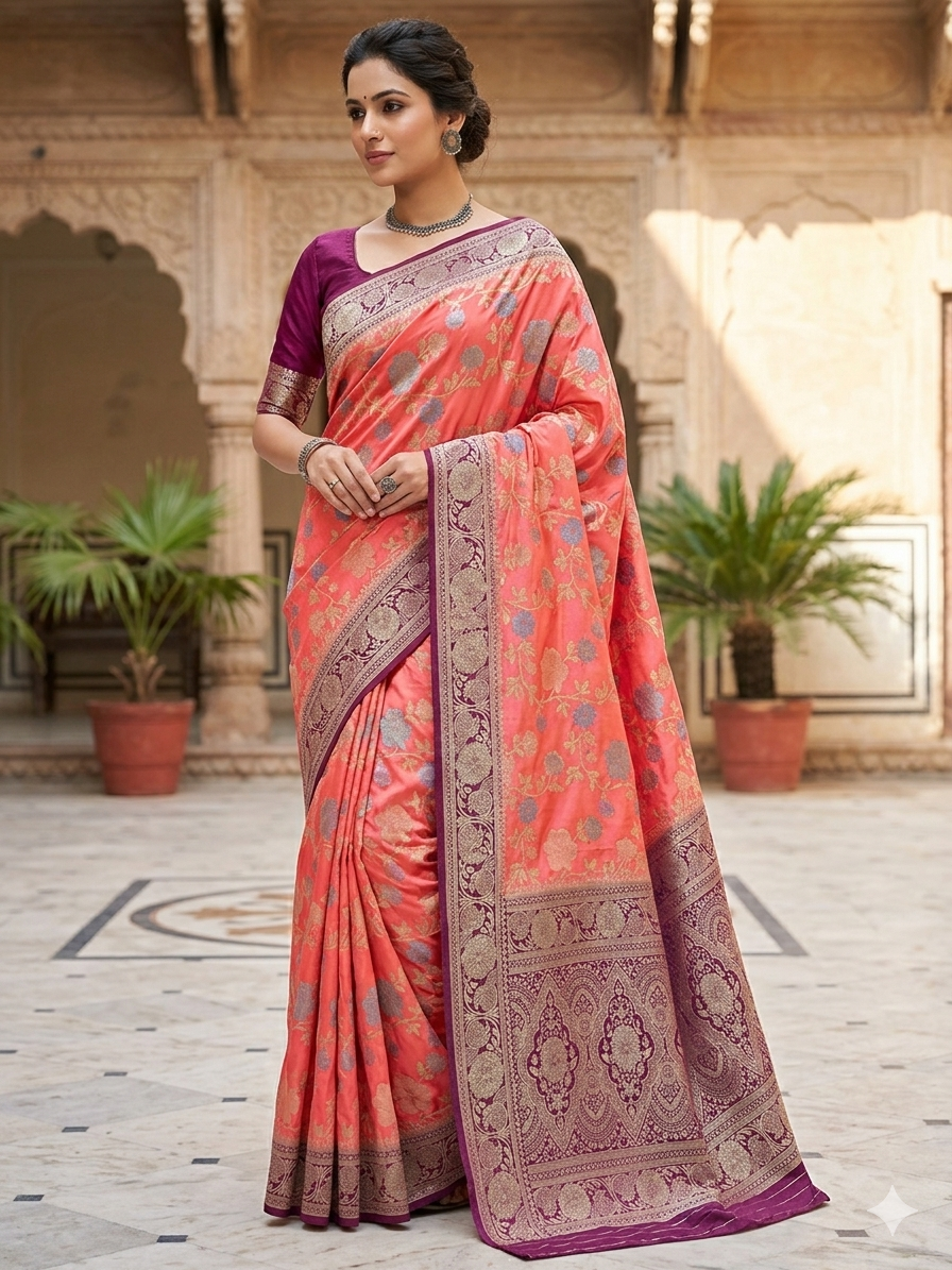 RUSSIAN SILK IN PEACH WITH MAGENTA BORDER