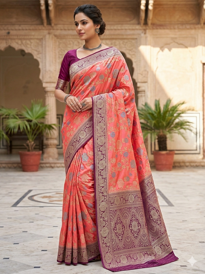 RUSSIAN SILK IN PEACH WITH MAGENTA BORDER