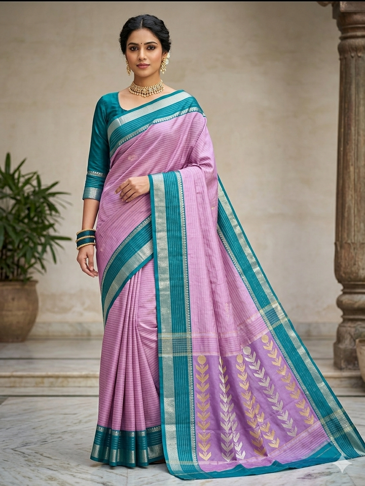 BANARASI KATAN PATTU IN LAVENDER WITH RAMA GREEN BORDER