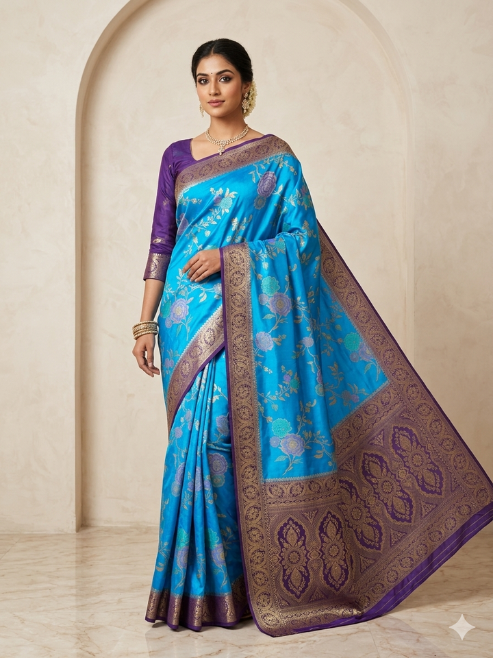 RUSSIAN SILK IN FEROZI BLUE WITH NAVY BLUE BORDER
