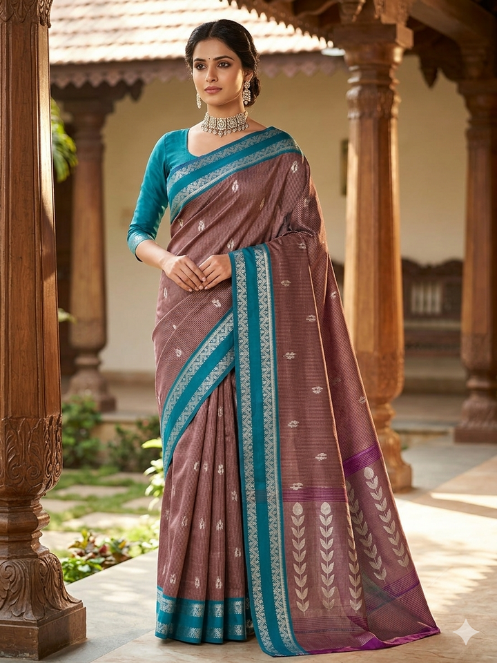 BANARASI KATAN PATTU IN CHOCOLATE COLOUR WITH RAMA GREEN BORDER