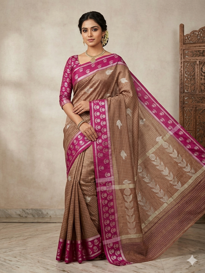 BANARASI KATAN PATTU IN FRENCH BIEGE WITH MAGENTA BORDER