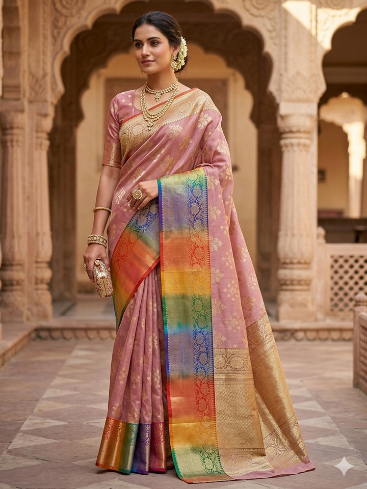 RAINBOW BORDER IN BABY PINK WITH ZARI BOOTA