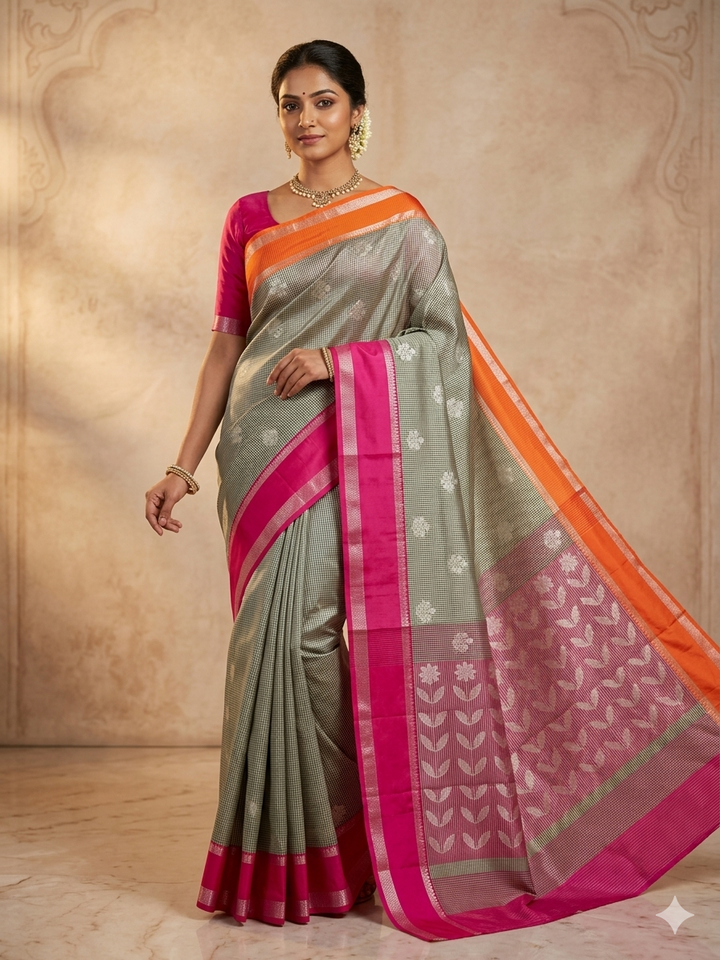 BANARASI KATAN PATTU WITH UNIFORM CHECKS IN ORANGE AND PINK BORDERS