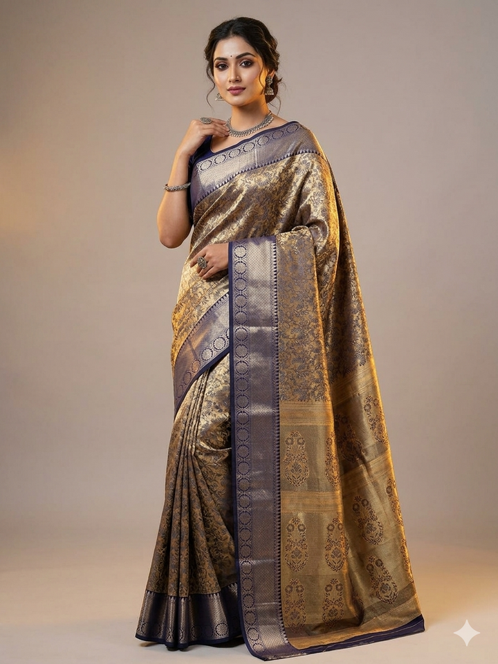 KASHMIRI ALFI TISU WITH NAVY BLUE BORDER
