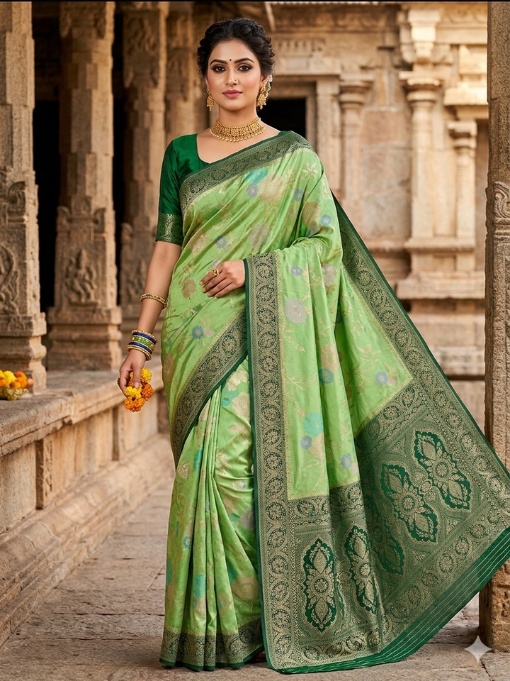 RUSSIAN SILK IN PISTA GREEN WITH BOTTLE GREEN BORDER