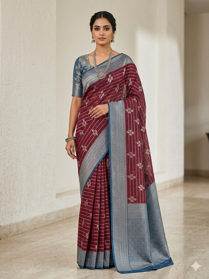 GARNET COLOUR SOFT MATKA LINEN WITH ROYAL BLUE BORDER