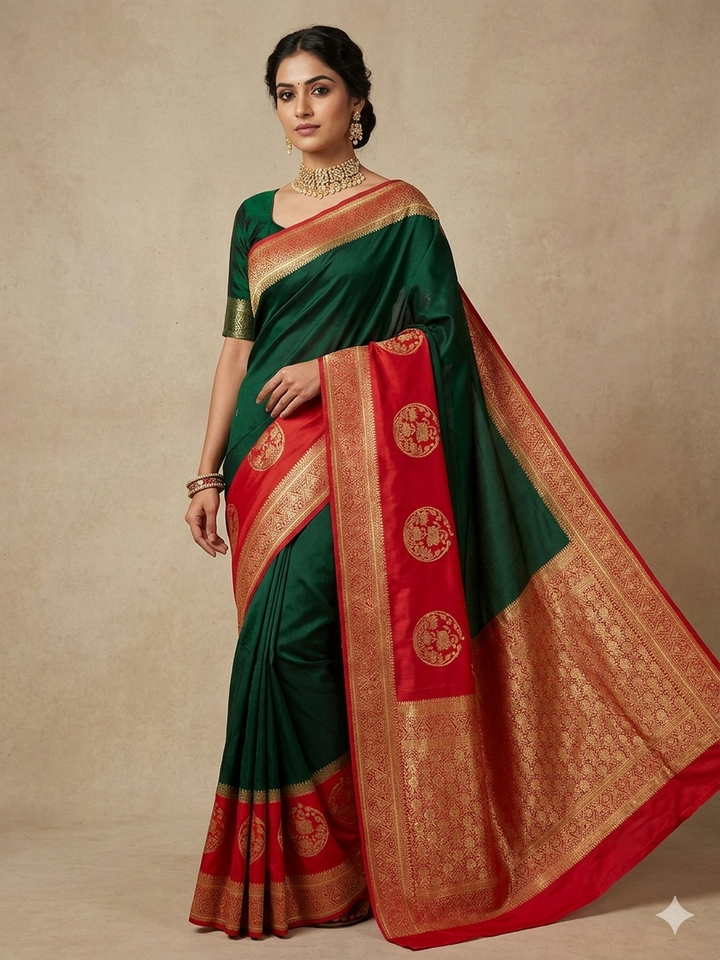 BOTTLE GREEN KHADDI GEORGETTE WITH RED BORDER