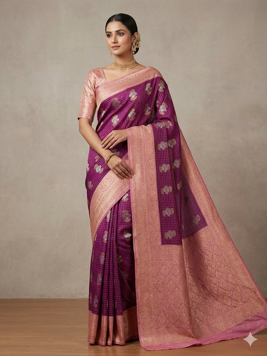 CREPE GERPGETTE IN MAGENTA WITH LAVENDER BORDER