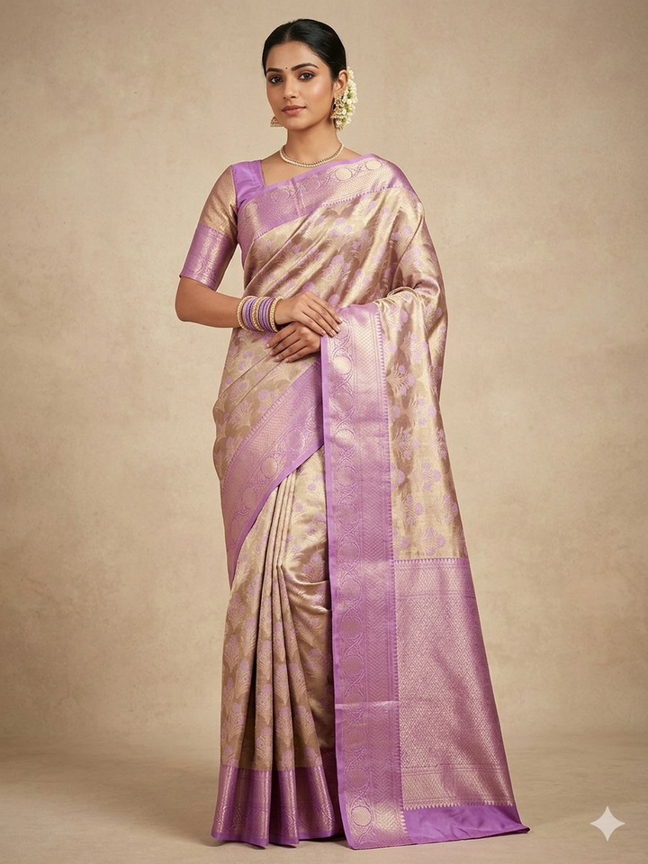 KASHMIRI TISUE IN GOLD ZARI WORK WITH LAVENDER BORDER