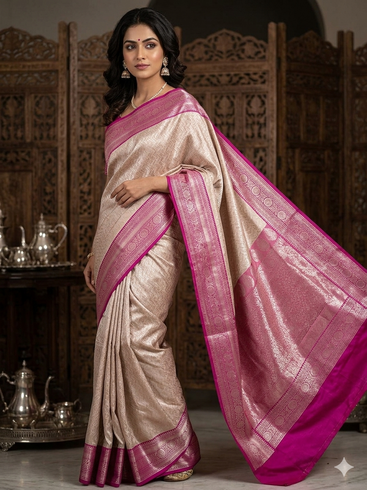 BANARASI TISU KATAN SILK IN ALMOND COLOUR WITH RANI BORDER