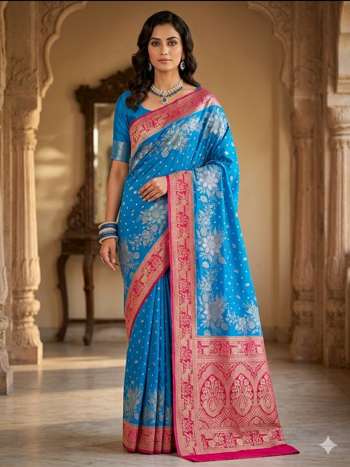 KHADDI GEROGETTE IN ROYAL BLUE WITH RED BORDER