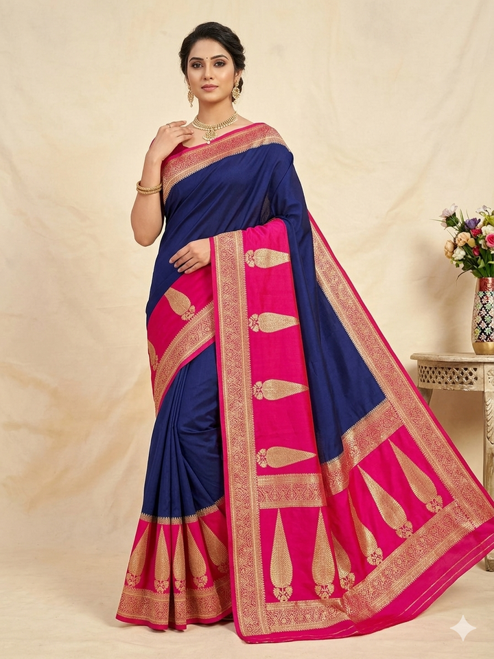 ROYAL BLUE KHADDI GEORGETTE WITH KAIRI BOOTA ON RANI BORDER