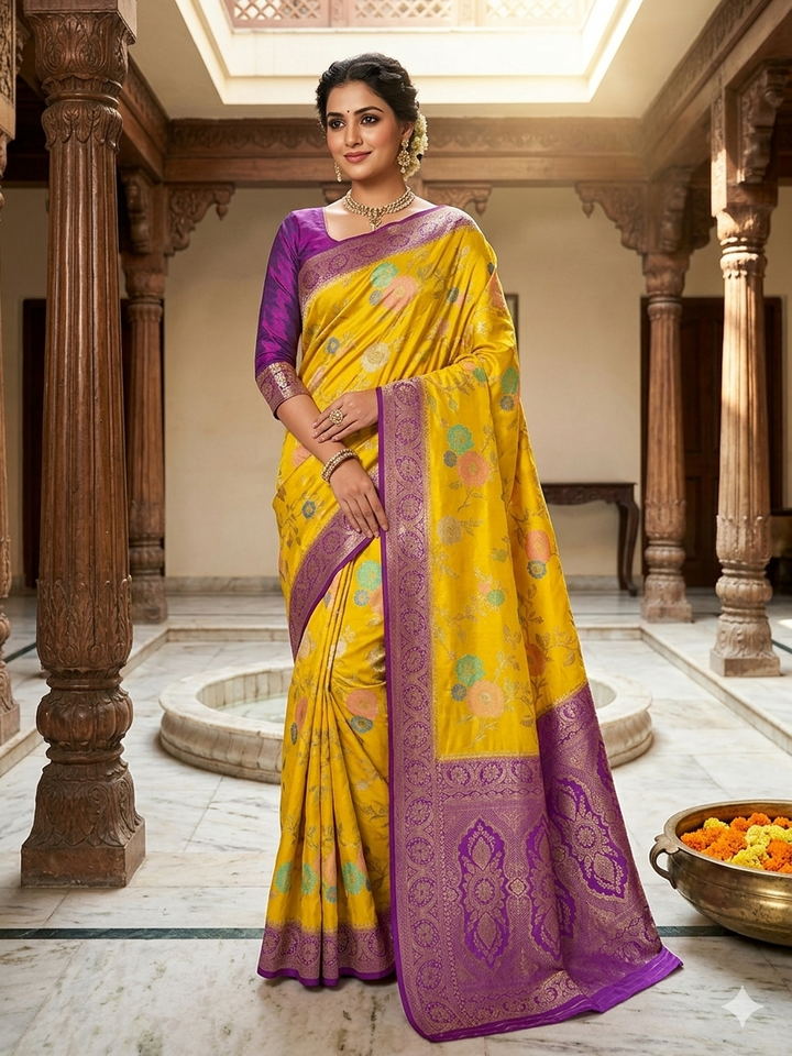 RUSSIAN SILK IN GOLD WITH LAVENDER BORDER