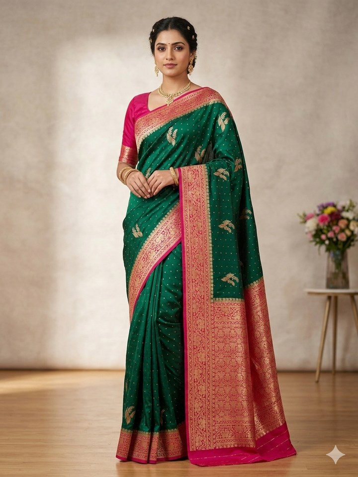 BOTTLE GREEN KHADDI GEORGETTE WITH RANI BORDER