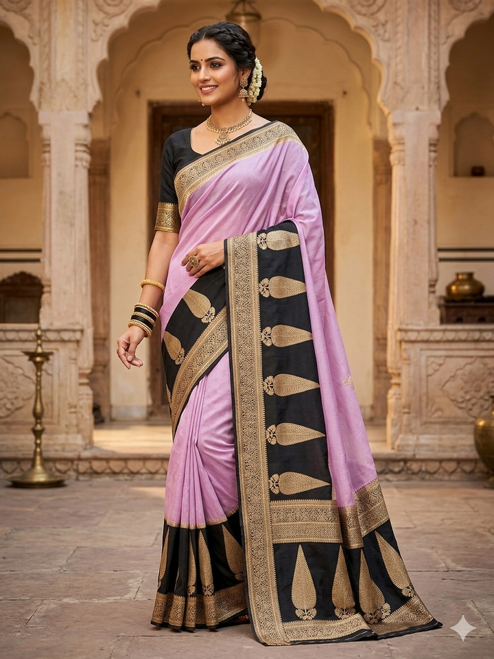 LAVENDER KHADDI GEORGETTE WITH KAIRI BOOTA ON RICH BLACK BORDER