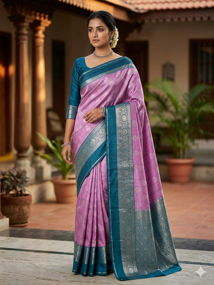BANARASI KATAN PATTU IN LAVENDER WITH RAMA GREEN BORDER