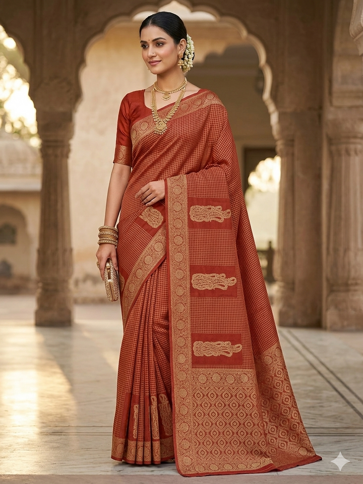 CREPE GEORGETTE IN GOLDEN EMBER WITH GOLD ZARI AND CHECKS