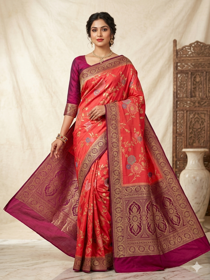 RUSSIAN SILK IN PEACH WITH MAGENTA BORDER