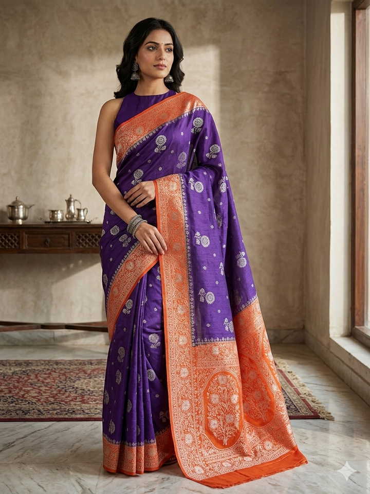 SOFT MATKA LINEN IN INDIGO WITH ORANGE BORDER
