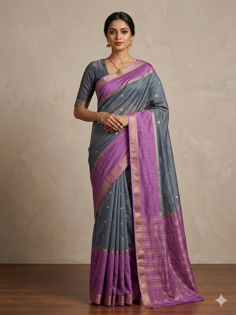 RUSSIAN SILK VISCOS IN STEEL GREY WITH LAVENDER BORDER