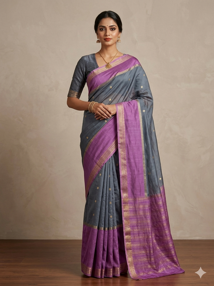 RUSSIAN SILK VISCOS IN STEEL GREY WITH LAVENDER BORDER