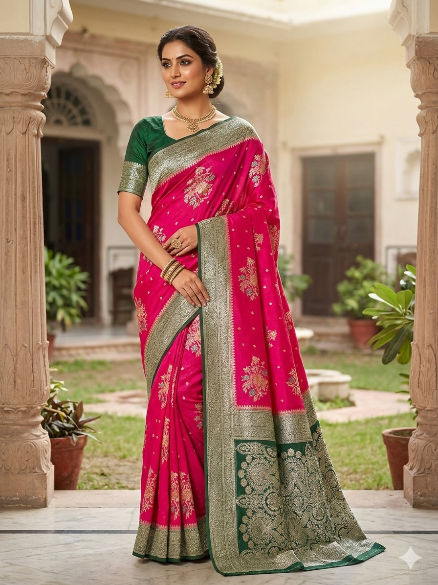 KHADDI GEORGETTE IN RANI WITH BOTTLE GREEN BORDER