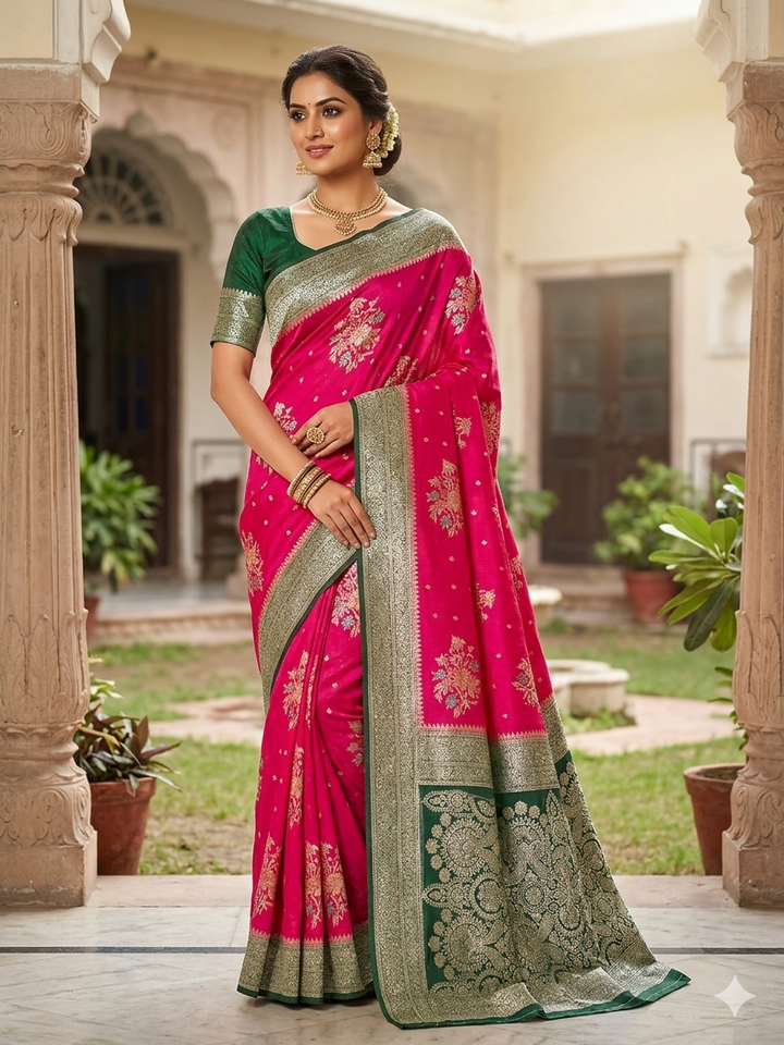KHADDI GEORGETTE IN RANI WITH BOTTLE GREEN BORDER