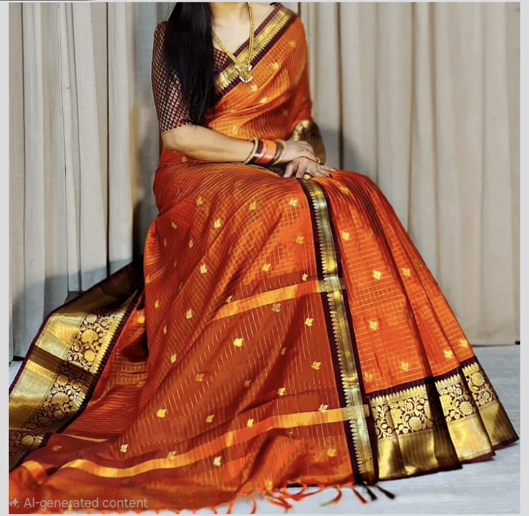 BANARASI TRENDING ORANGE BOOTI WITH CHOCOLATE BORDER