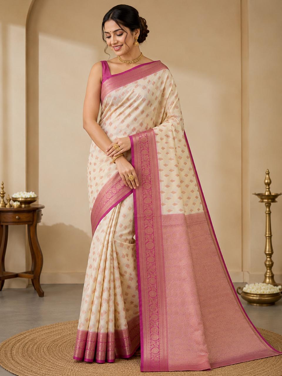 LIGHT GOLD BANARASI SILK WITH RANI BORDER