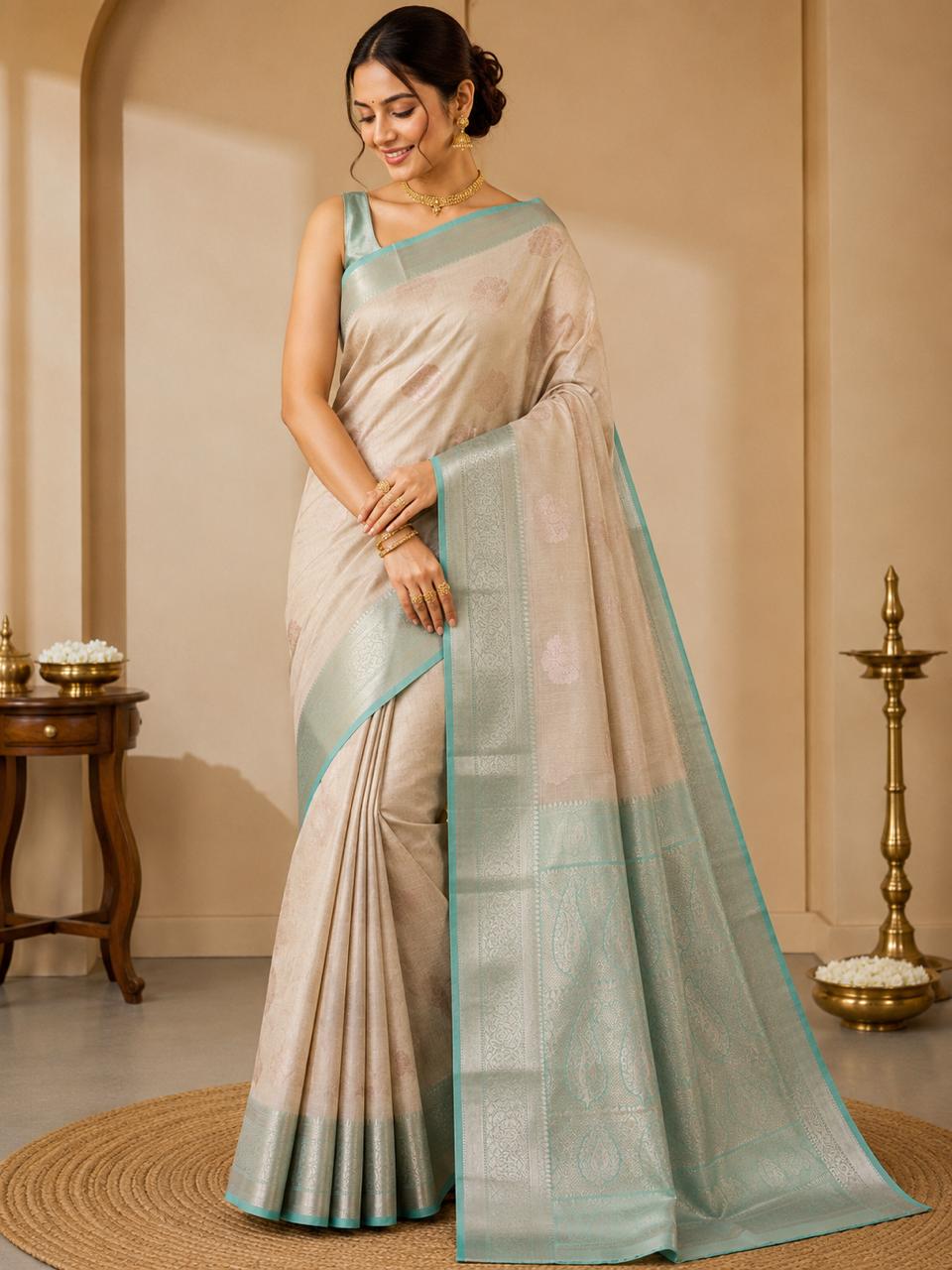 BANARASI TISU SILK IN CREAM WITH SEA GREEN BORDER