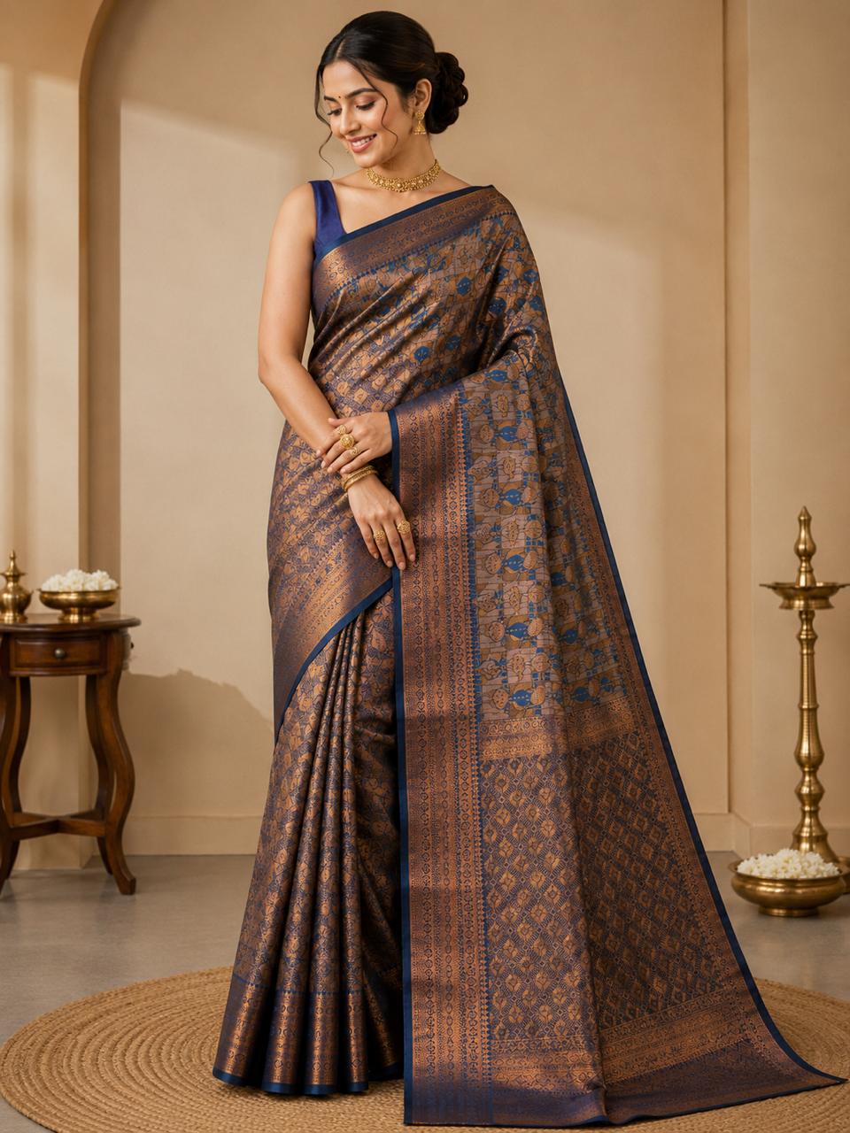 KASHMIRI ALFI IN DEEP BLUE WITH COPPER ZARI WORK