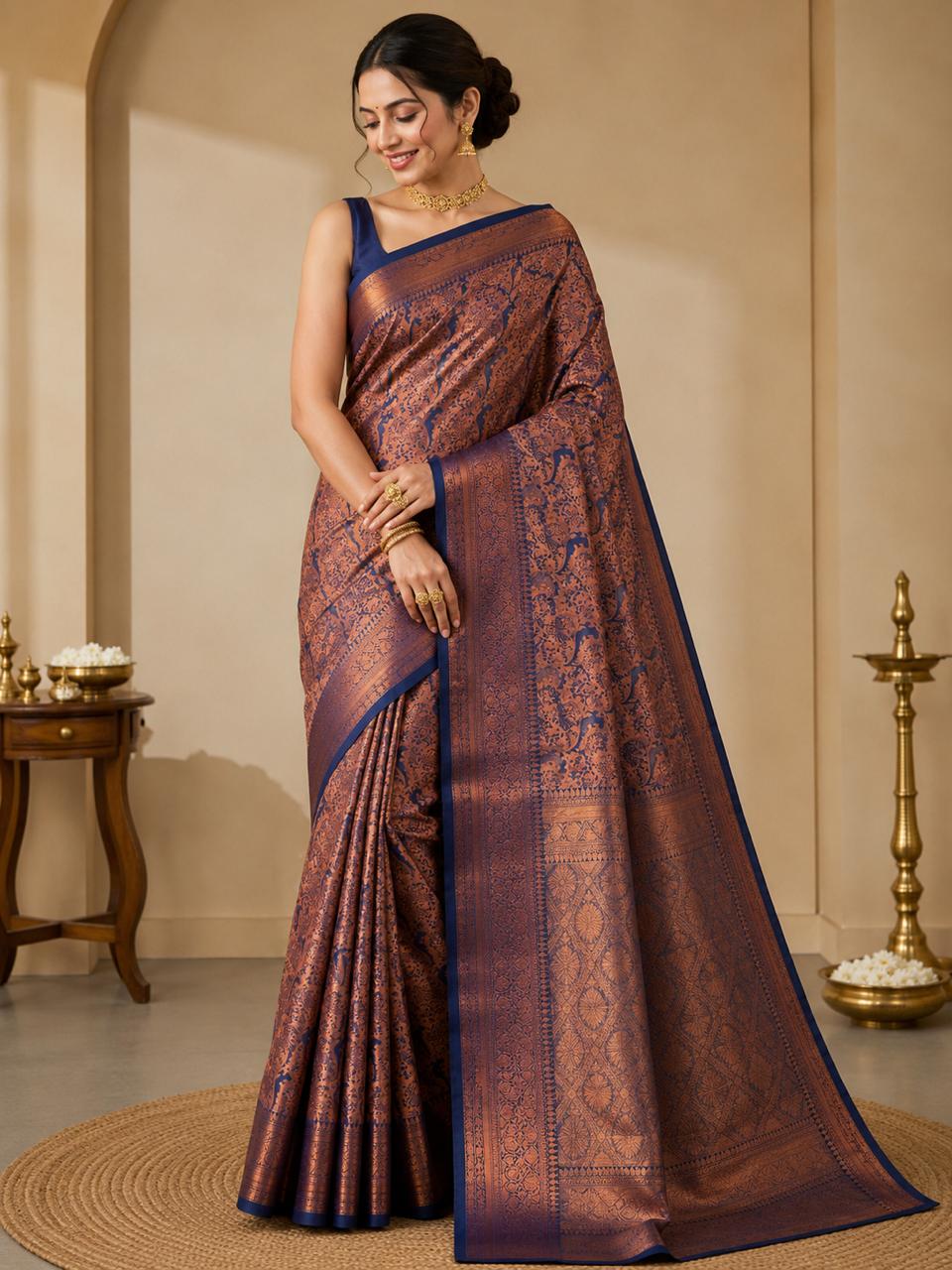 KASHMIRI IN DEEP BLUE WITH RUST COOUR RESHAM WORK