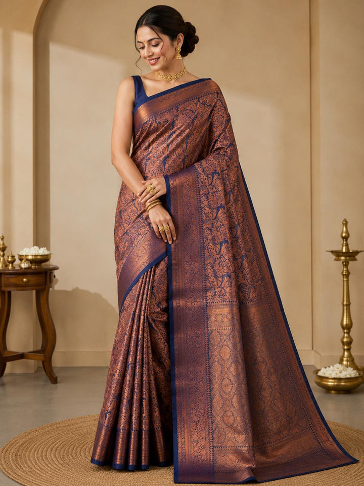 KASHMIRI IN DEEP BLUE WITH RUST COOUR RESHAM WORK