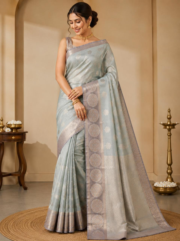 BANARASI SILK IN STEEL GREY WITH BROWN TISU BORDER