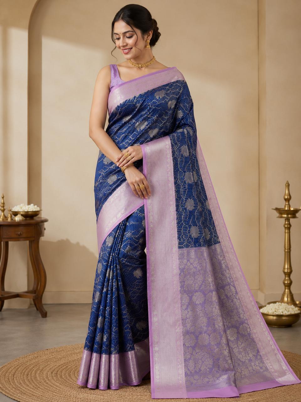 BANARASI SILK IN GERMAN BLUE WITH LAVENDER BORDER