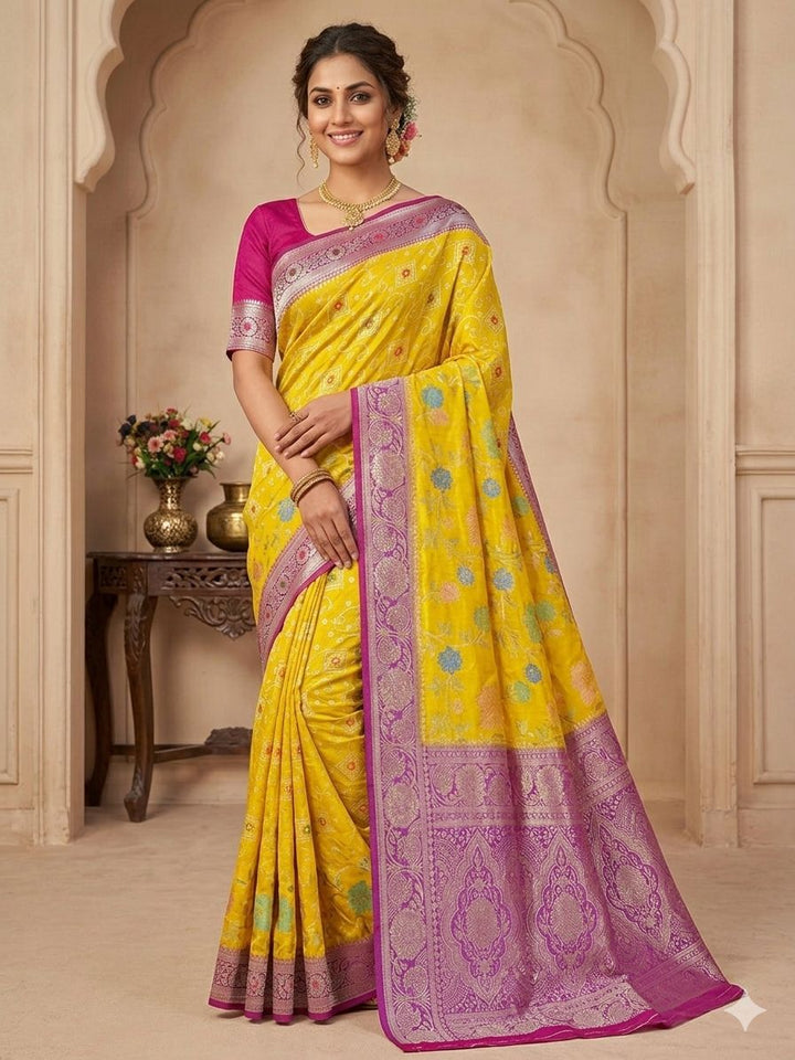 VISCOS SILK IN AIRY GOLD WITH LAVENDER BORDER