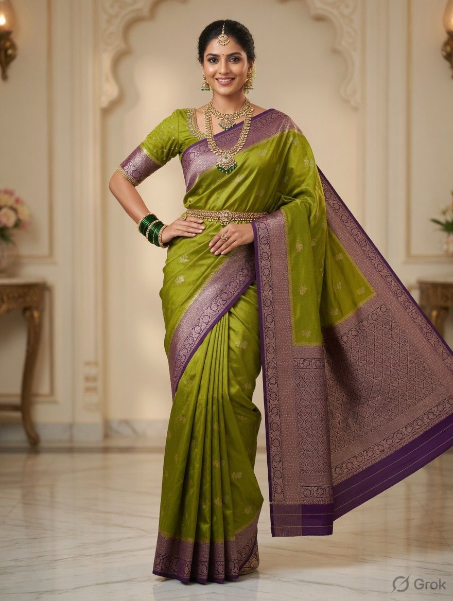 MEHENDI GREEN KHADDI GEORGETTE WITH PURPLE BORDER
