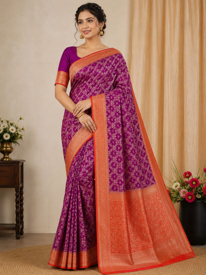 MAGENTA KHADDI GEORGETTE WITH ORANGE BORDER