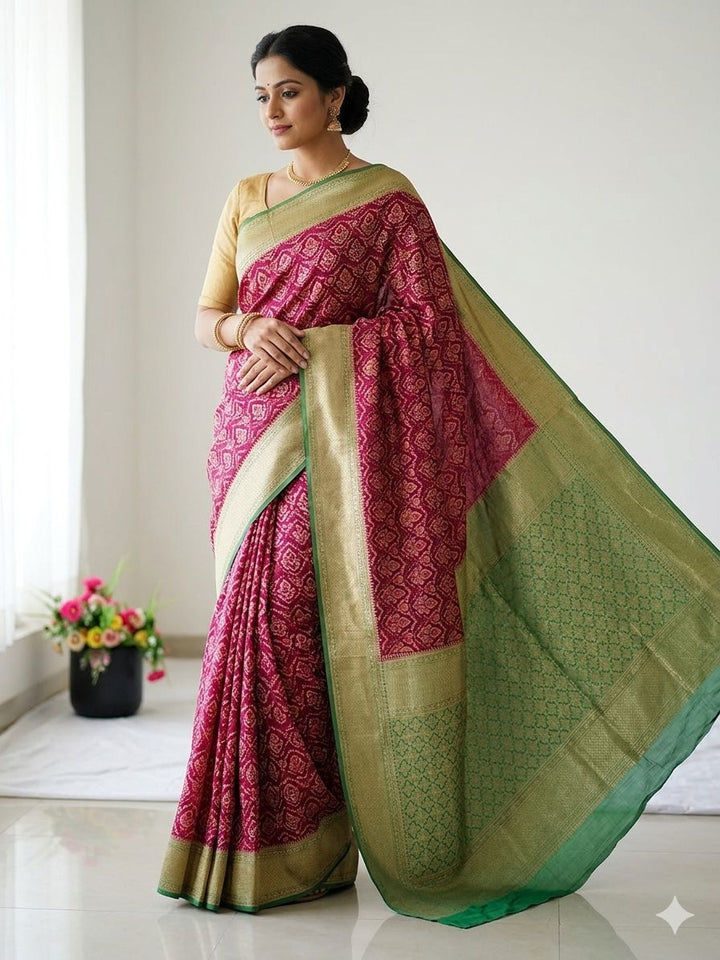 KHADDI GEORGETTE IN GARNET MULTICOLOUR DESIGN WITH PARROT GREEN BORDER