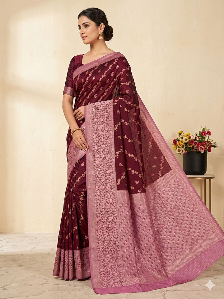 RUSSIAN SILK IN MAROON AND BABY PINK COLOUR BORDER WITH DIOGNAL FLORAL DESIGNS