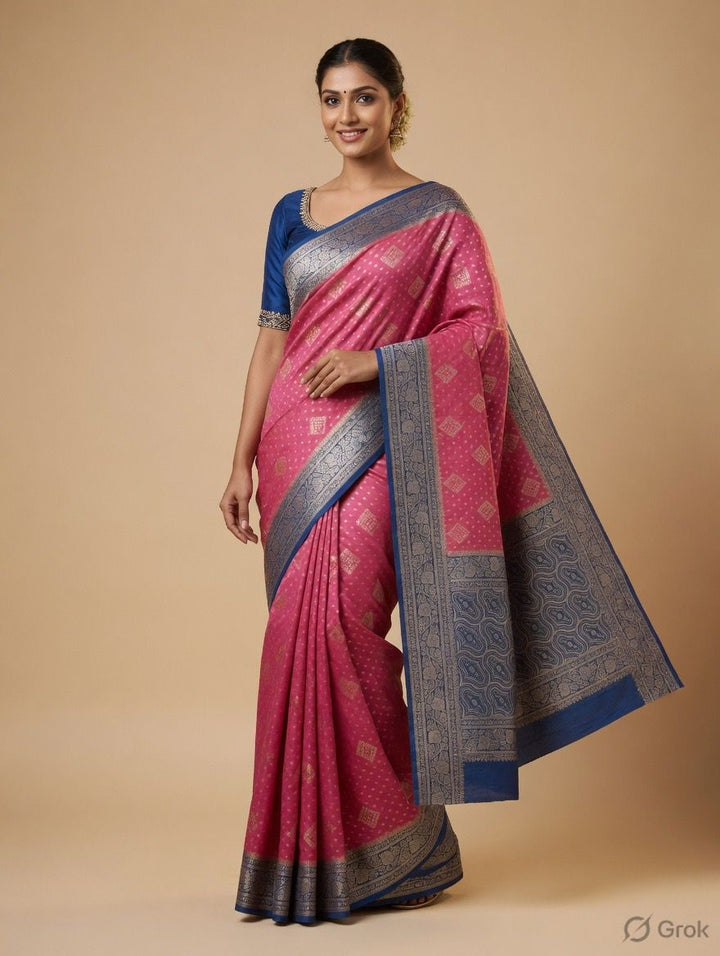 BABY PINK KHADD GEROGETTE WITH ZARI WOVEN IN ROYAL BLUE BORDER