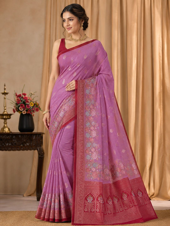 KHADDI GEORGETTE IN PAECH WITH RED COLOUR BORDER