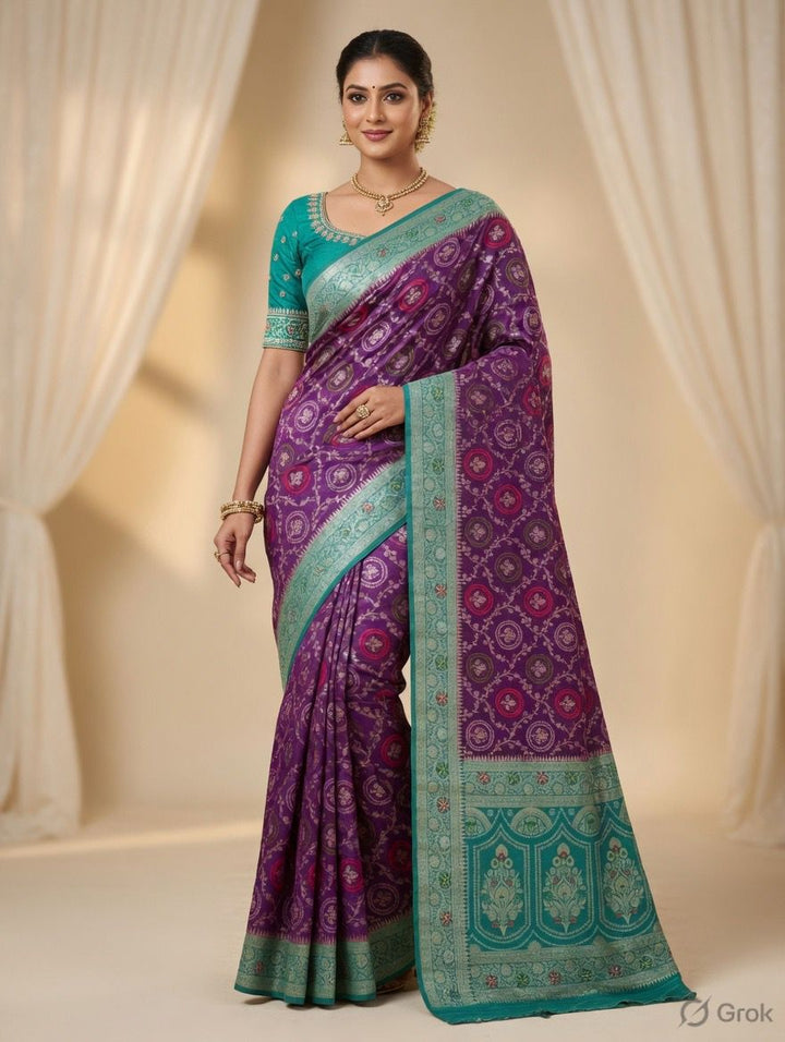 KHADDI GEORGETTE VIOLET WITH SEAGREEN BORDER