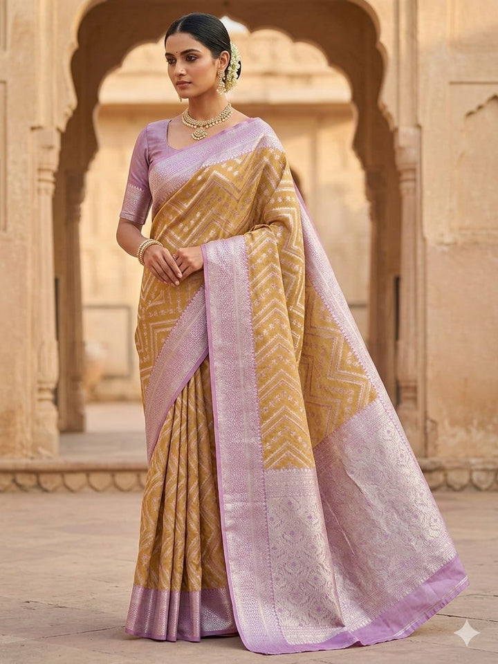 CHANDERI ALFI COTTONWITH HORIZOTAL DESIGN IN YELLOW WITH LAVENDER BORDER
