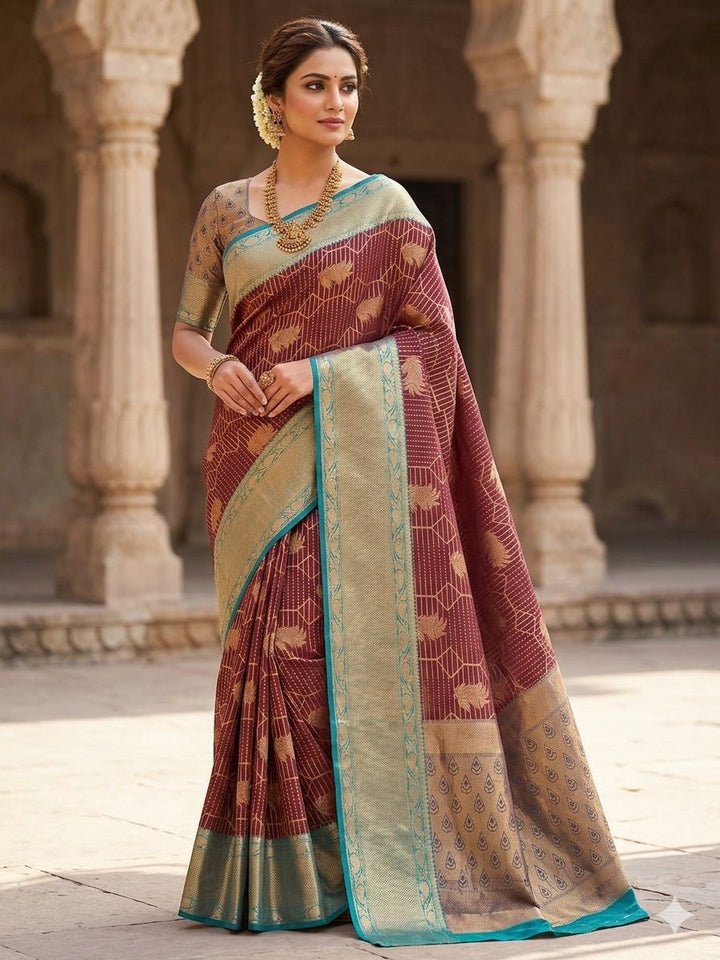 BANARASI SILK IN GARNET WITH SEE GREEN BORDER