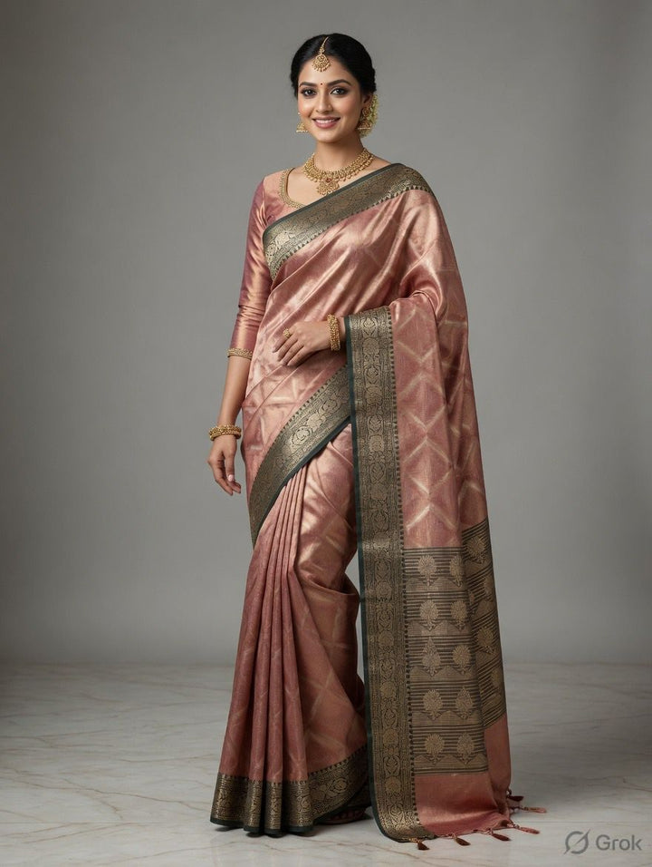 BANARASI 3D TISSU IN BROWN SHADE WITH BOTTLE GREEN BORDER