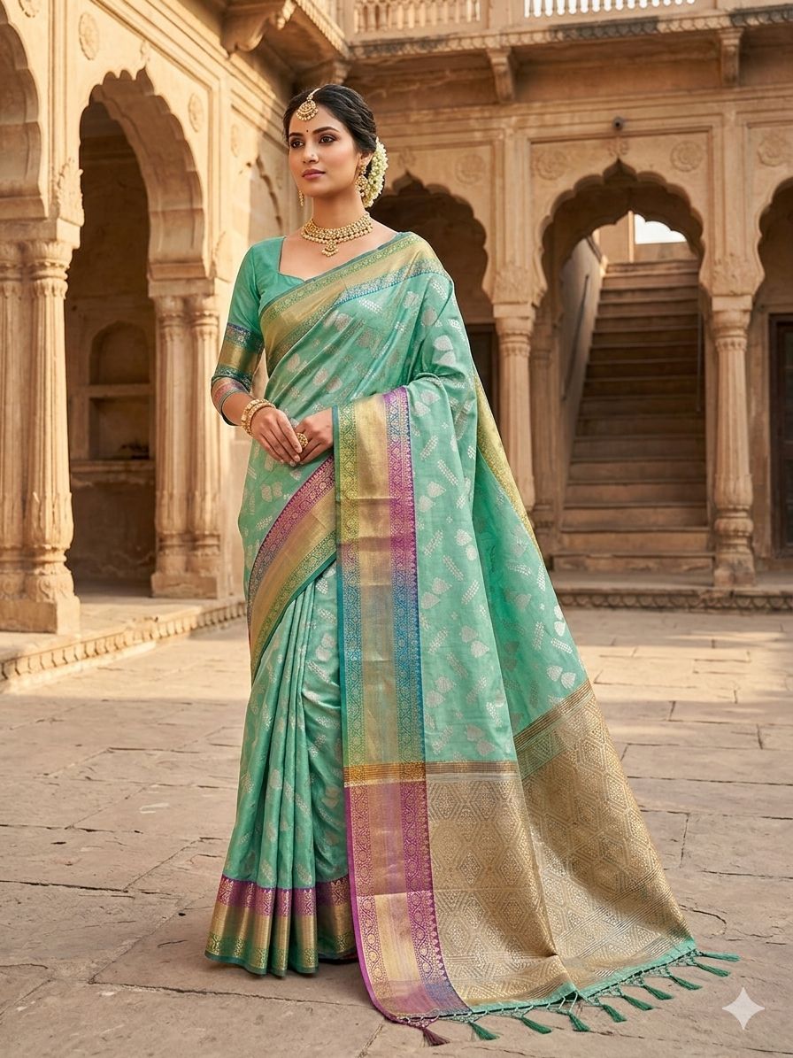 BANARASI SILK WITH RAINBOW BORDER IN SEA GREEN COLOUR