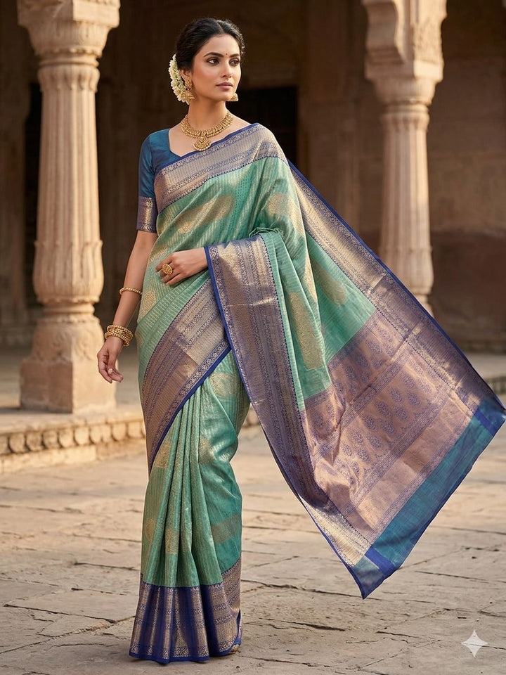 BANARASI SILK IN SEA GREEN WITH ROYALBLUE BORDER