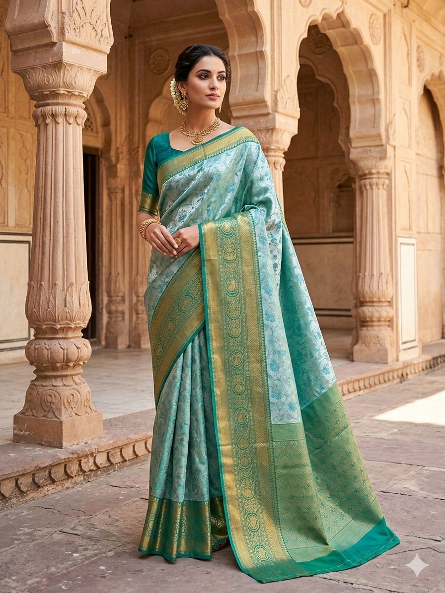 BANARASI SILK IN SEA GREEN WITH BASIL GREEN BORDER